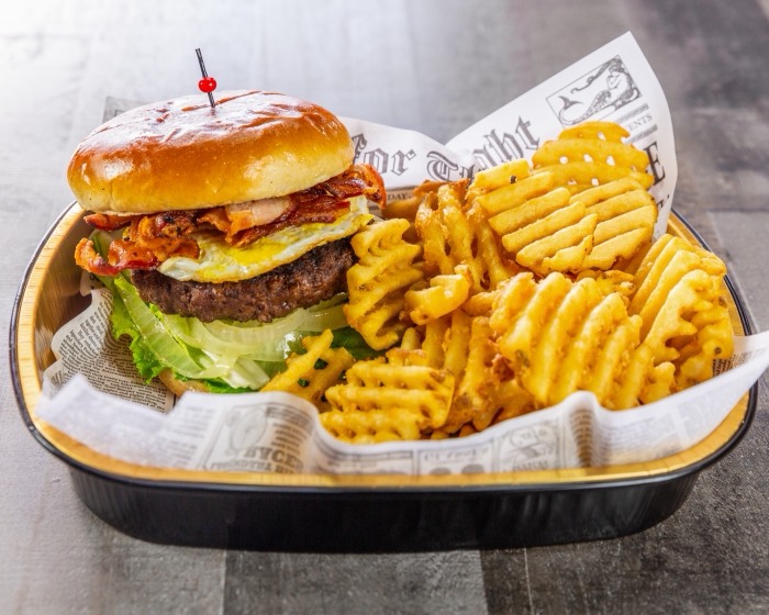 Cheeseburger and waffle fries